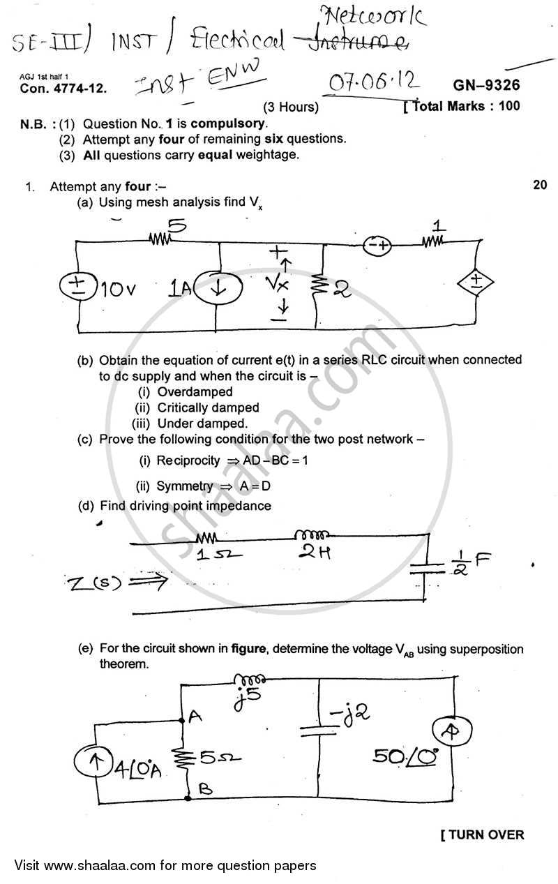Electrical Network Analysis and Synthesis 2011-2012 - B.E. - Semester 3 (SE Second Year) - University of Mumbai question paper with PDF download