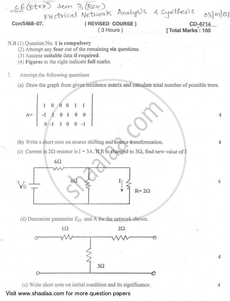 Electrical Networks Analysis and Synthesis 2007-2008 - B.E. - Semester 3 (SE Second Year) - University of Mumbai question paper with PDF download
