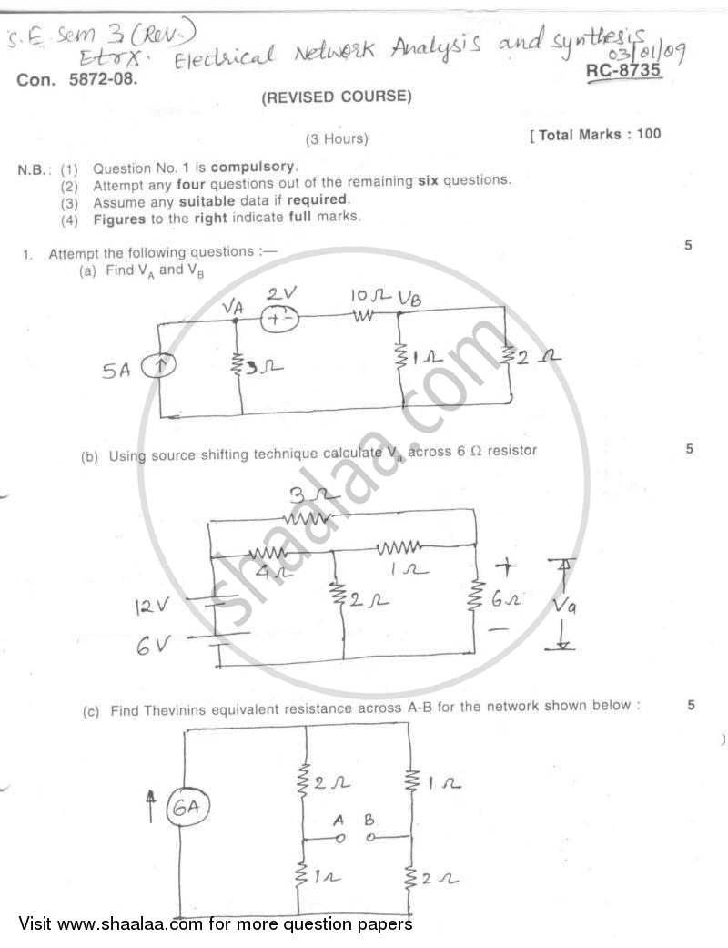 Electrical Networks Analysis and Synthesis 2008-2009 - B.E. - Semester 3 (SE Second Year) - University of Mumbai question paper with PDF download