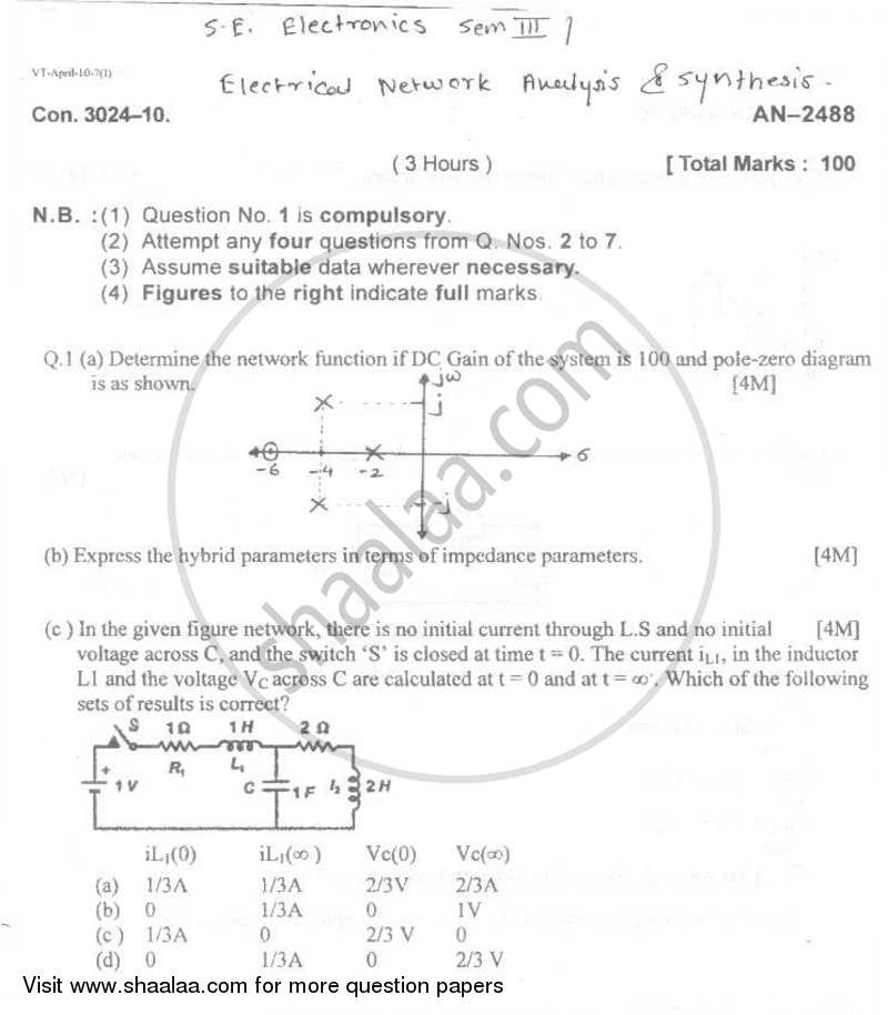 Electrical Networks Analysis and Synthesis 2009-2010 - B.E. - Semester 3 (SE Second Year) - University of Mumbai question paper with PDF download