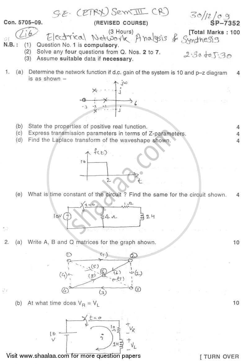 Electrical Networks Analysis and Synthesis 2009-2010 - B.E. - Semester 3 (SE Second Year) - University of Mumbai question paper with PDF download