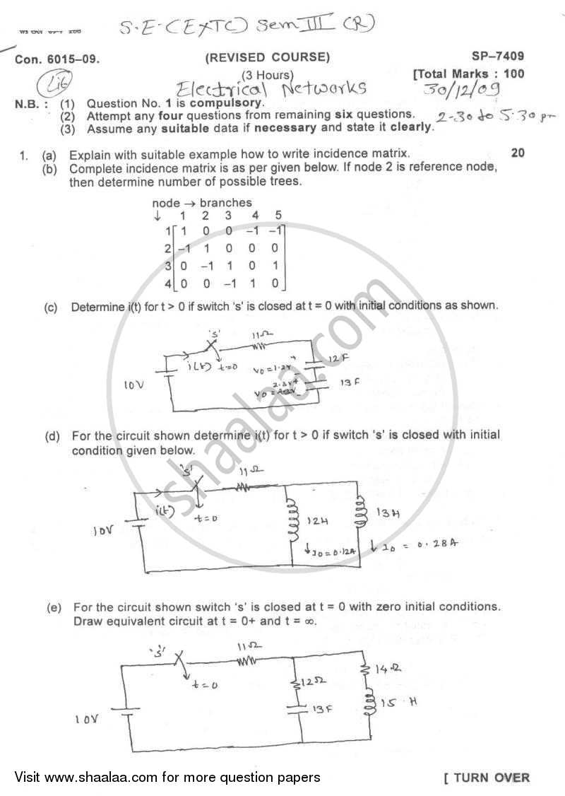 Electrical Networks 2009-2010 - B.E. - Semester 3 (SE Second Year) - University of Mumbai question paper with PDF download