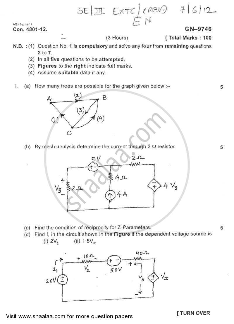 Electrical Networks 2011-2012 - B.E. - Semester 3 (SE Second Year) - University of Mumbai question paper with PDF download