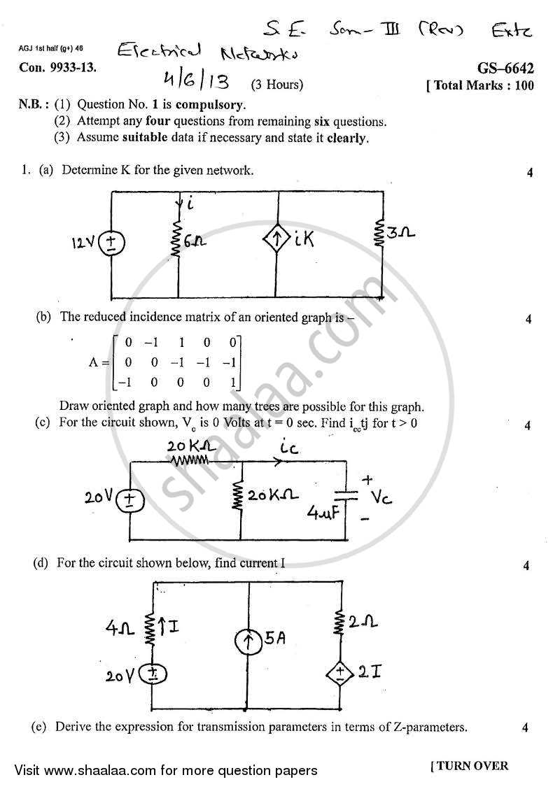 Electrical Networks 2012-2013 - B.E. - Semester 3 (SE Second Year) - University of Mumbai question paper with PDF download