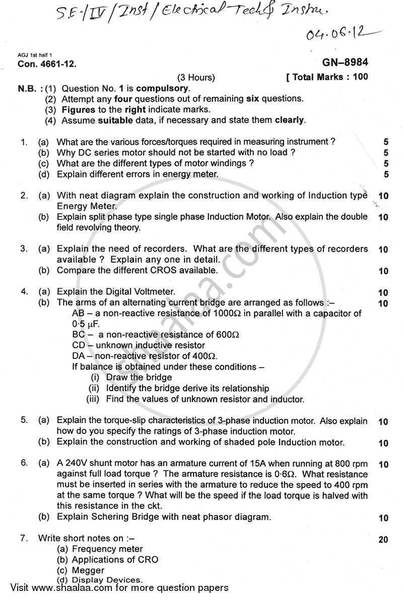 Electrical Technology and Instruments 2011-2012 - B.E. - Semester 4 (SE Second Year) - University of Mumbai question paper with PDF download