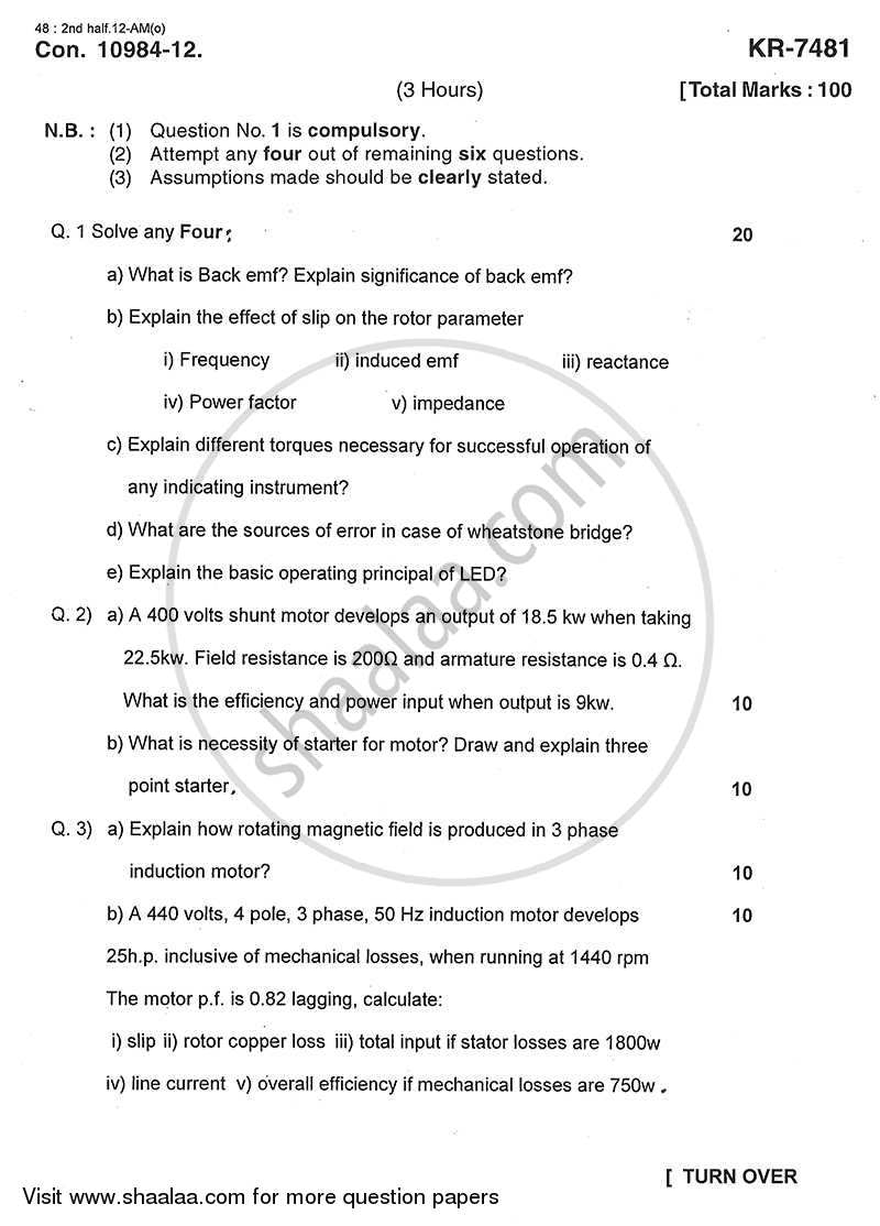 Electrical Technology and Instruments 2012-2013 - B.E. - Semester 4 (SE Second Year) - University of Mumbai question paper with PDF download