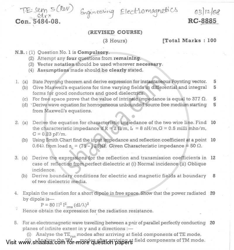 Electromagnetic Engineering 2008-2009 - B.E. - Semester 5 (TE Third Year) - University of Mumbai question paper with PDF download