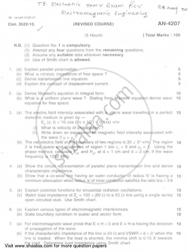Electromagnetic Engineering 2009-2010 - B.E. - Semester 5 (TE Third Year) - University of Mumbai question paper with PDF download