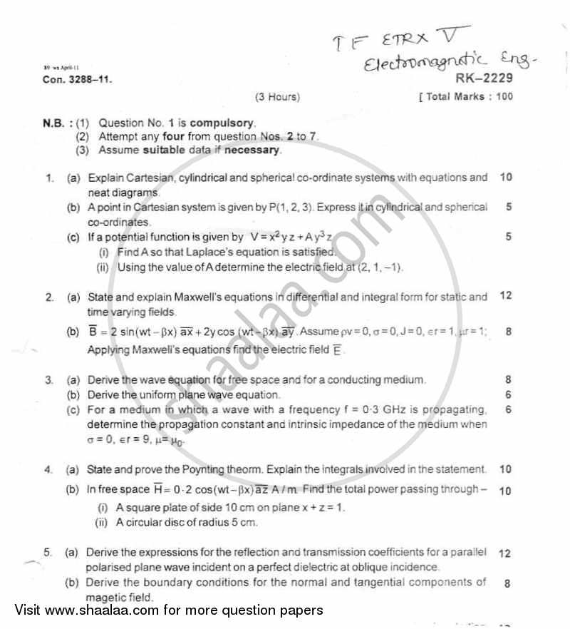Electromagnetic Engineering 2010-2011 - B.E. - Semester 5 (TE Third Year) - University of Mumbai question paper with PDF download