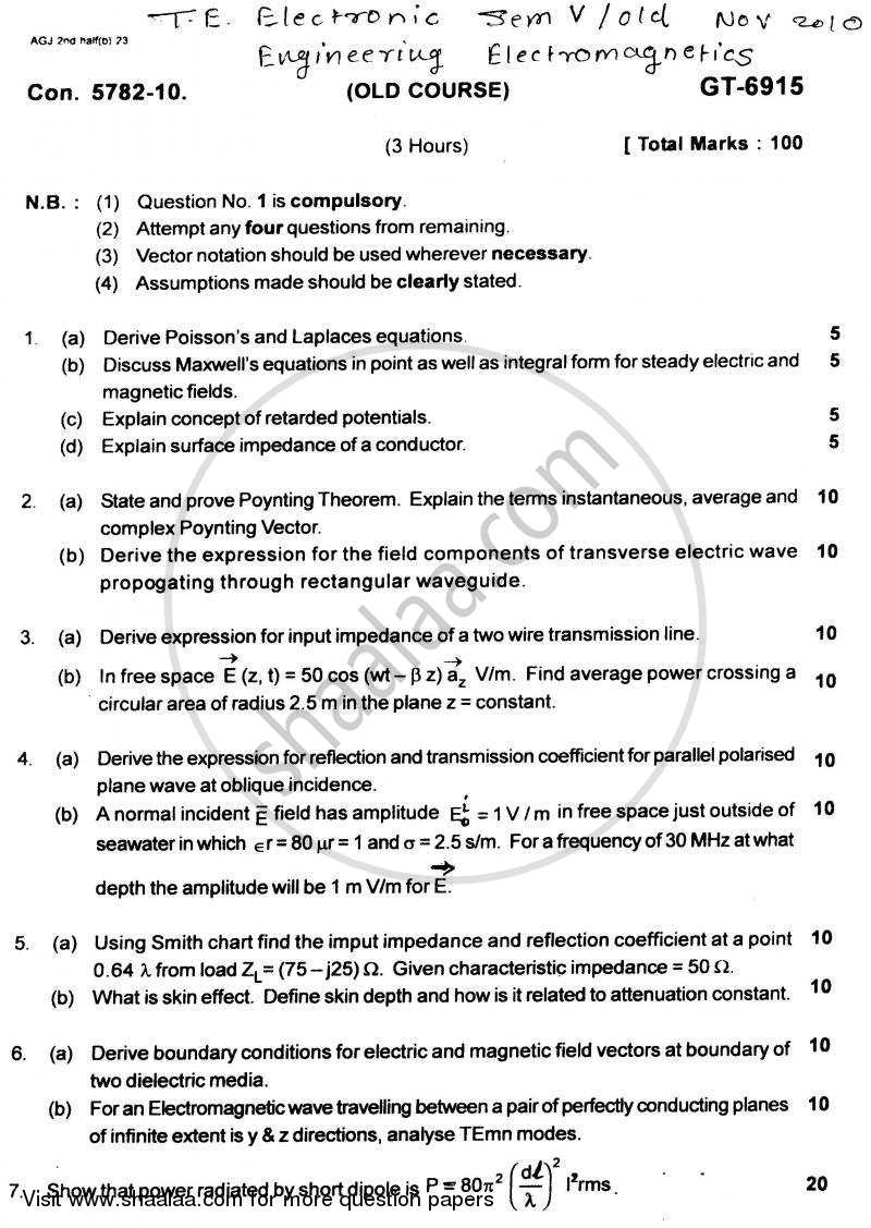 Electromagnetic Engineering 2010-2011 - B.E. - Semester 5 (TE Third Year) - University of Mumbai question paper with PDF download