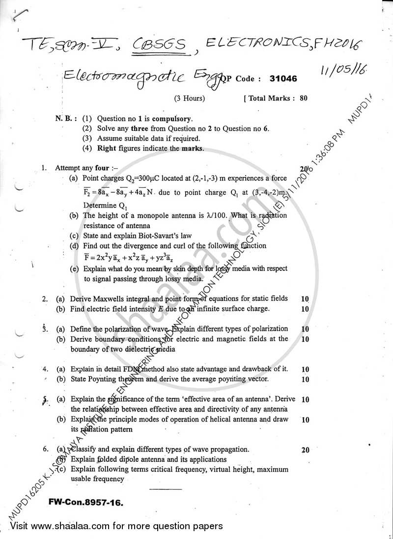Electromagnetic Engineering 2015-2016 - B.E. - Semester 5 (TE Third Year) - University of Mumbai question paper with PDF download