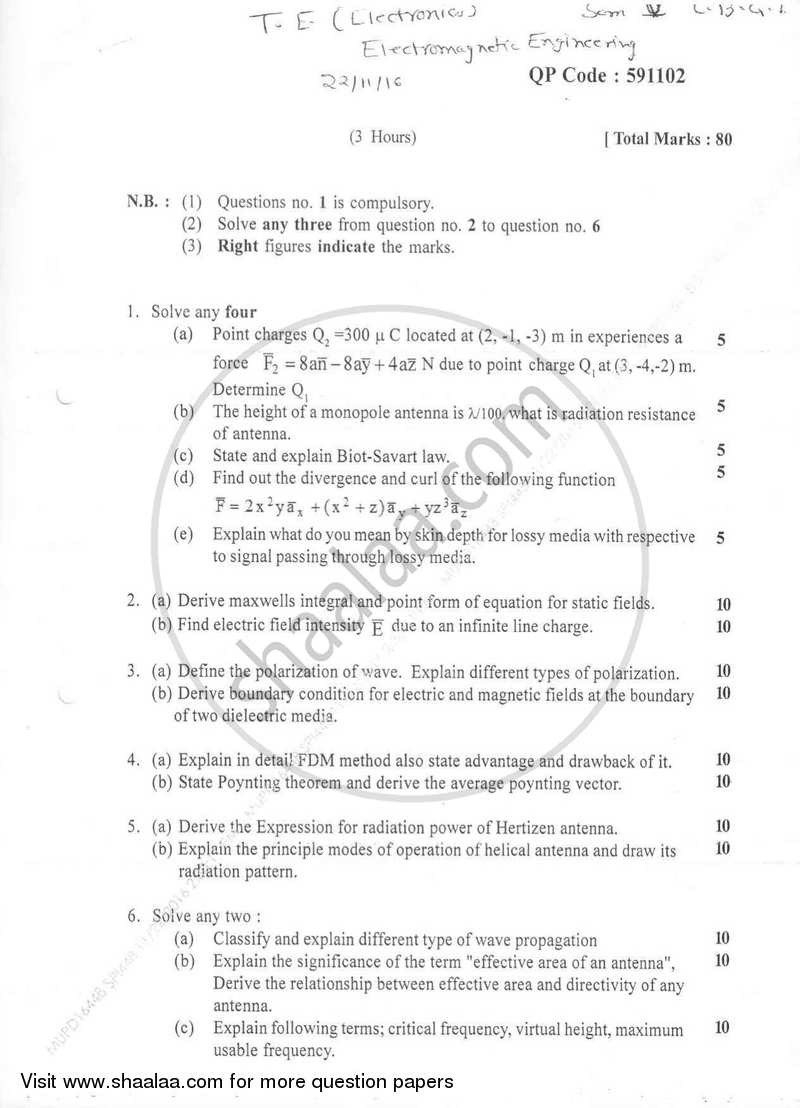 Electromagnetic Engineering 2016-2017 - B.E. - Semester 5 (TE Third Year) - University of Mumbai question paper with PDF download