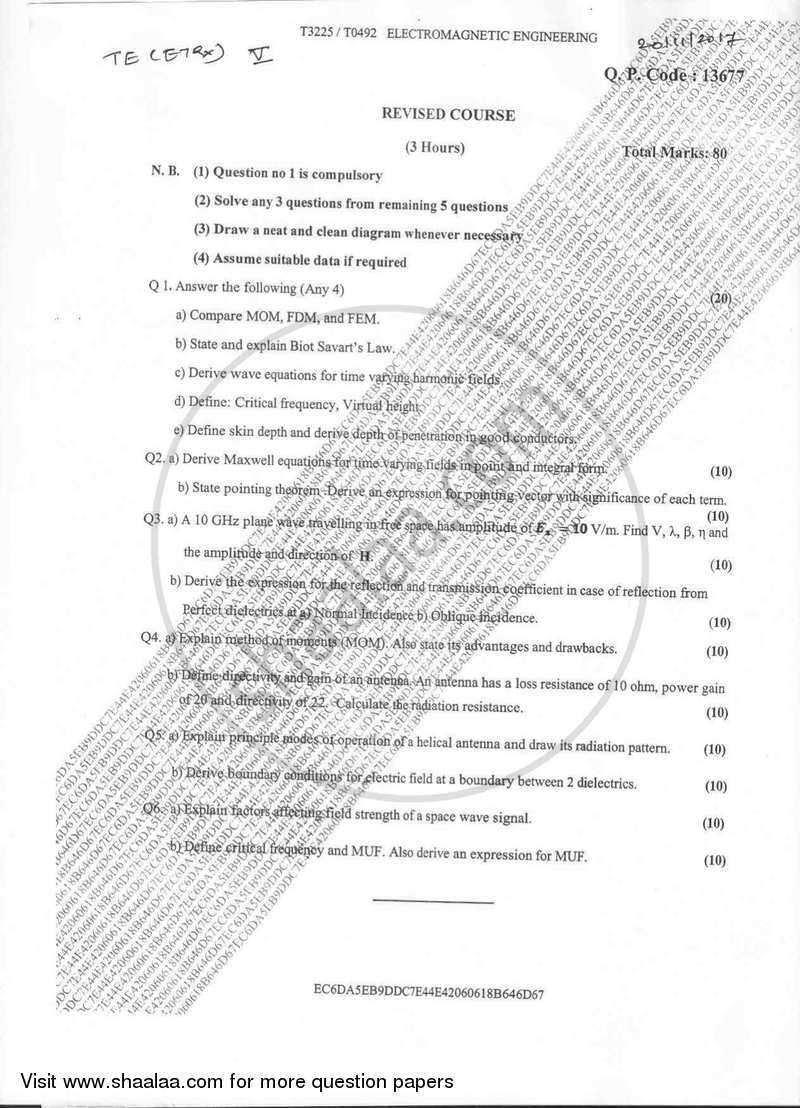 Electromagnetic Engineering 2017-2018 - B.E. - Semester 5 (TE Third Year) - University of Mumbai question paper with PDF download