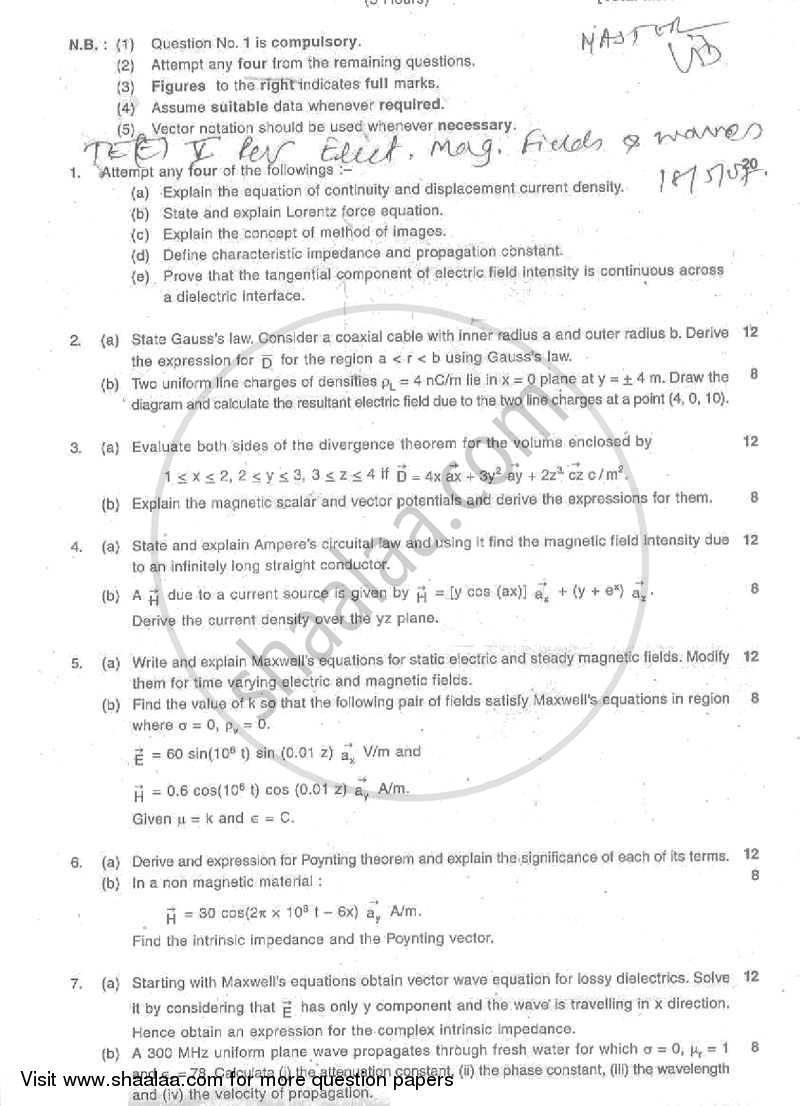 Electromagnetic Fields and Waves 2006-2007 - B.E. - Semester 5 (TE Third Year) - University of Mumbai question paper with PDF download