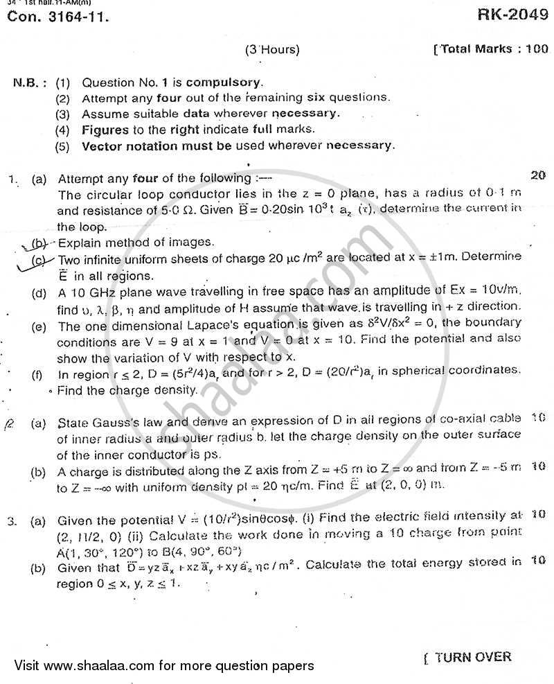 Electromagnetic Fields and Waves 2010-2011 - B.E. - Semester 5 (TE Third Year) - University of Mumbai question paper with PDF download