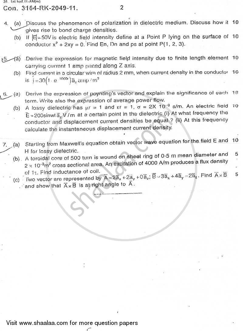 Electromagnetic Fields and Waves 2010-2011 - B.E. - Semester 5 (TE Third Year) - University of Mumbai question paper with PDF download