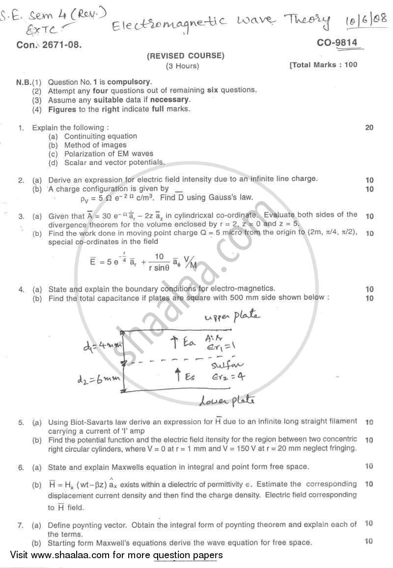 Electromagnetic Wave Theory 2007-2008 - B.E. - Semester 4 (SE Second Year) - University of Mumbai question paper with PDF download