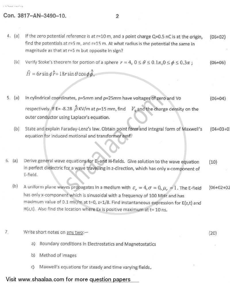 Electromagnetic Wave Theory 2009-2010 - B.E. - Semester 4 (SE Second Year) - University of Mumbai question paper with PDF download