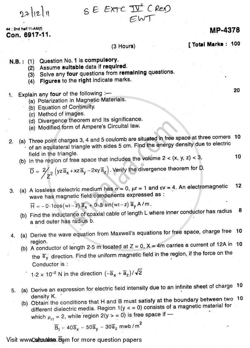 Electromagnetic Wave Theory 2011-2012 - B.E. - Semester 4 (SE Second Year) - University of Mumbai question paper with PDF download