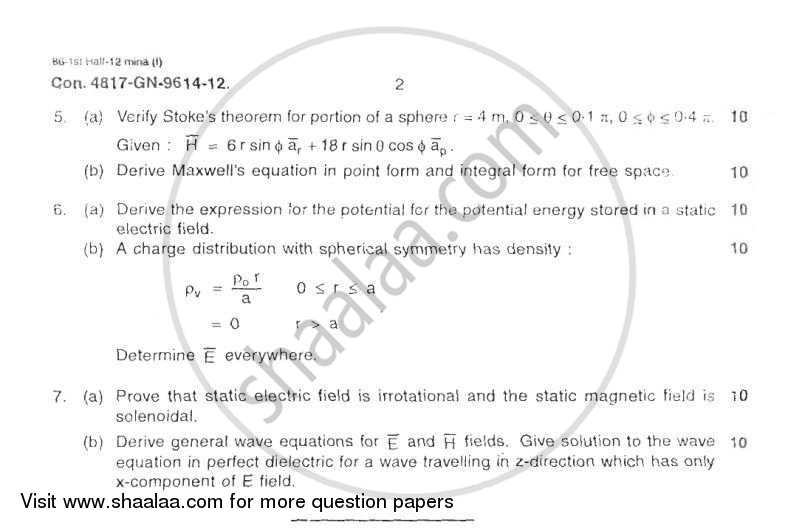 Electromagnetic Wave Theory 2011-2012 - B.E. - Semester 4 (SE Second Year) - University of Mumbai question paper with PDF download
