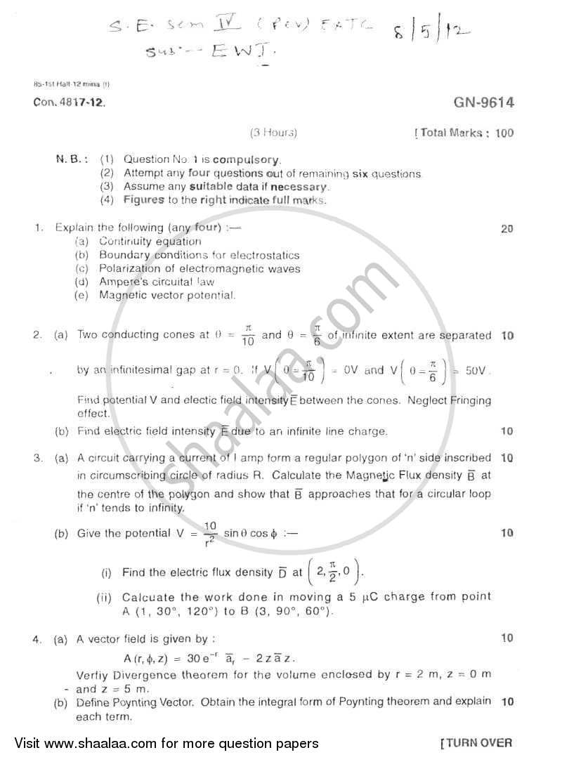 Electromagnetic Wave Theory 2011-2012 - B.E. - Semester 4 (SE Second Year) - University of Mumbai question paper with PDF download