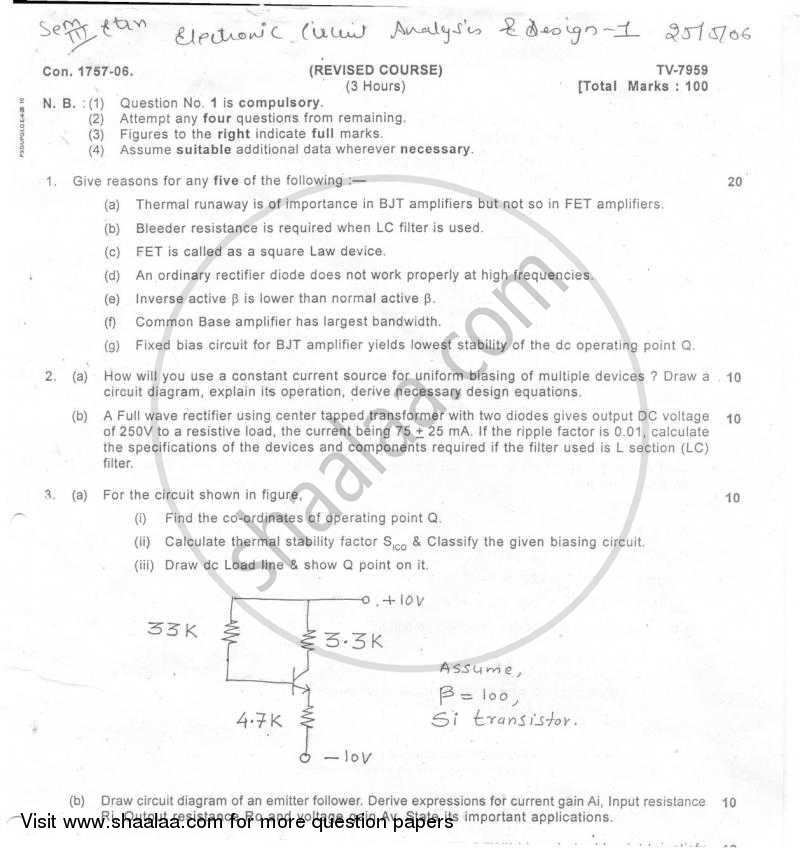 Electronic Circuit Analysis and Design 1 2005-2006 - B.E. - Semester 3 (SE Second Year) - University of Mumbai question paper with PDF download