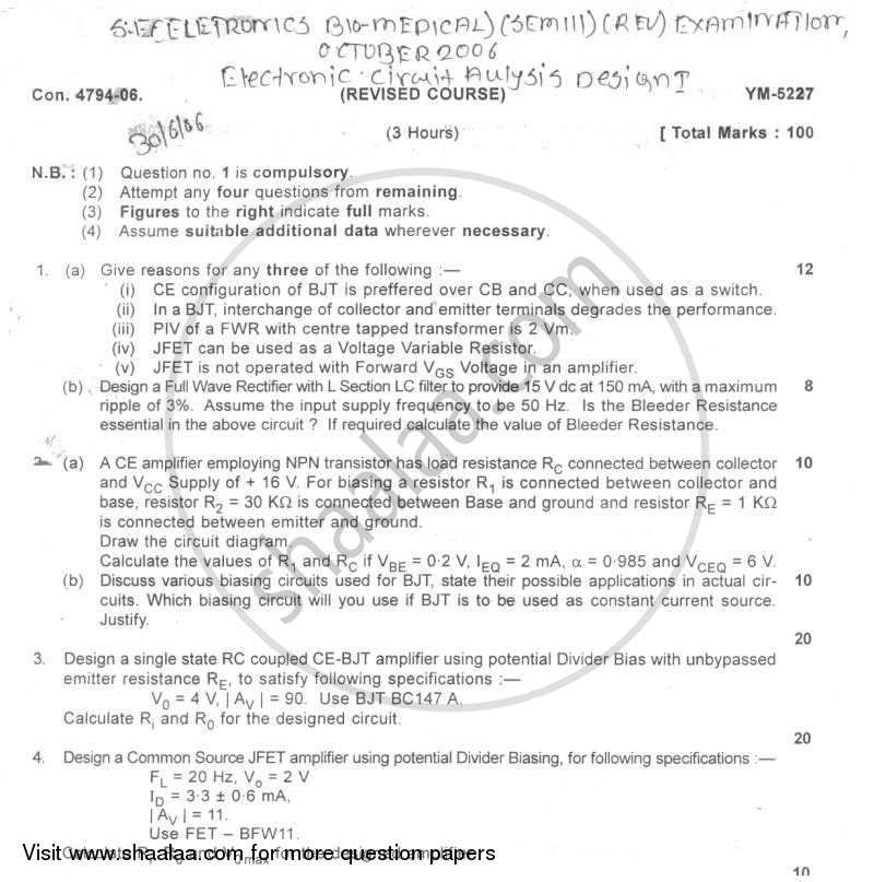 Electronic Circuit Analysis and Design 1 2006-2007 - B.E. - Semester 3 (SE Second Year) - University of Mumbai question paper with PDF download