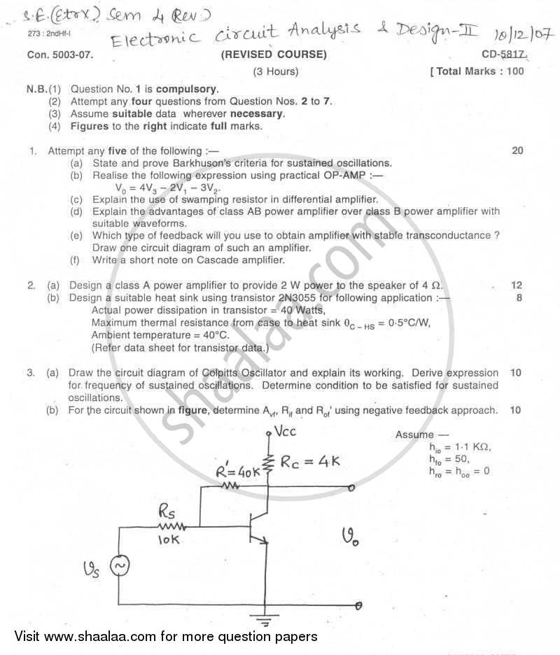 Electronic Circuit Analysis and Design 2007-2008 - B.E. - Semester 4 (SE Second Year) - University of Mumbai question paper with PDF download