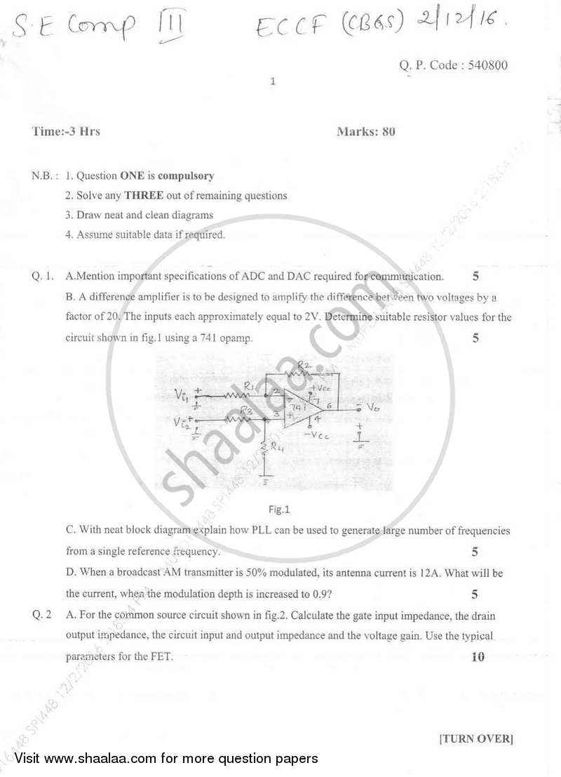 Electronic Circuits and Communication Fundamentals 2016-2017 - B.E. - Semester 3 (SE Second Year) - University of Mumbai question paper with PDF download