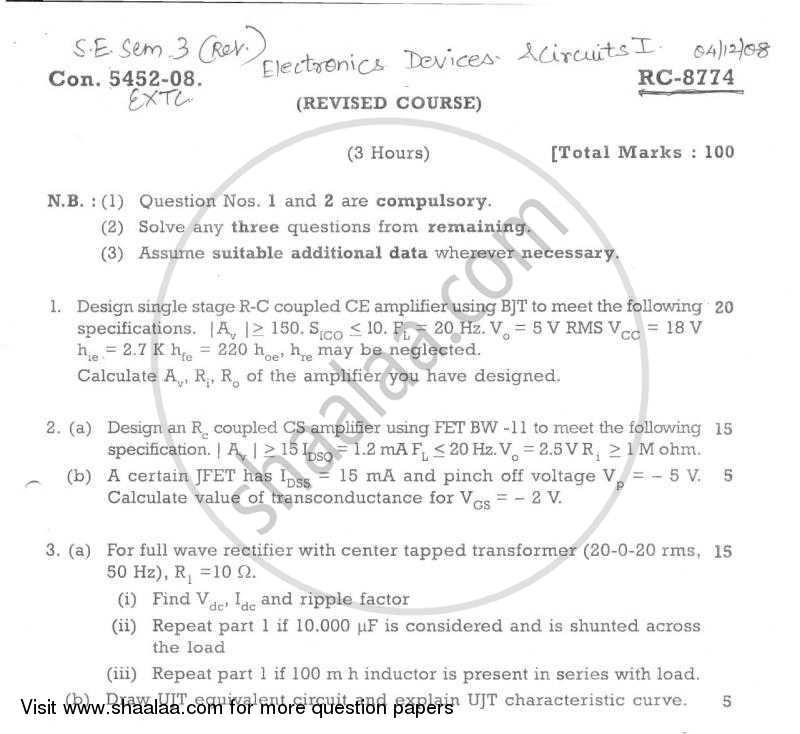 Electronic Devices and Circuits 1 2008-2009 - B.E. - Semester 3 (SE Second Year) - University of Mumbai question paper with PDF download