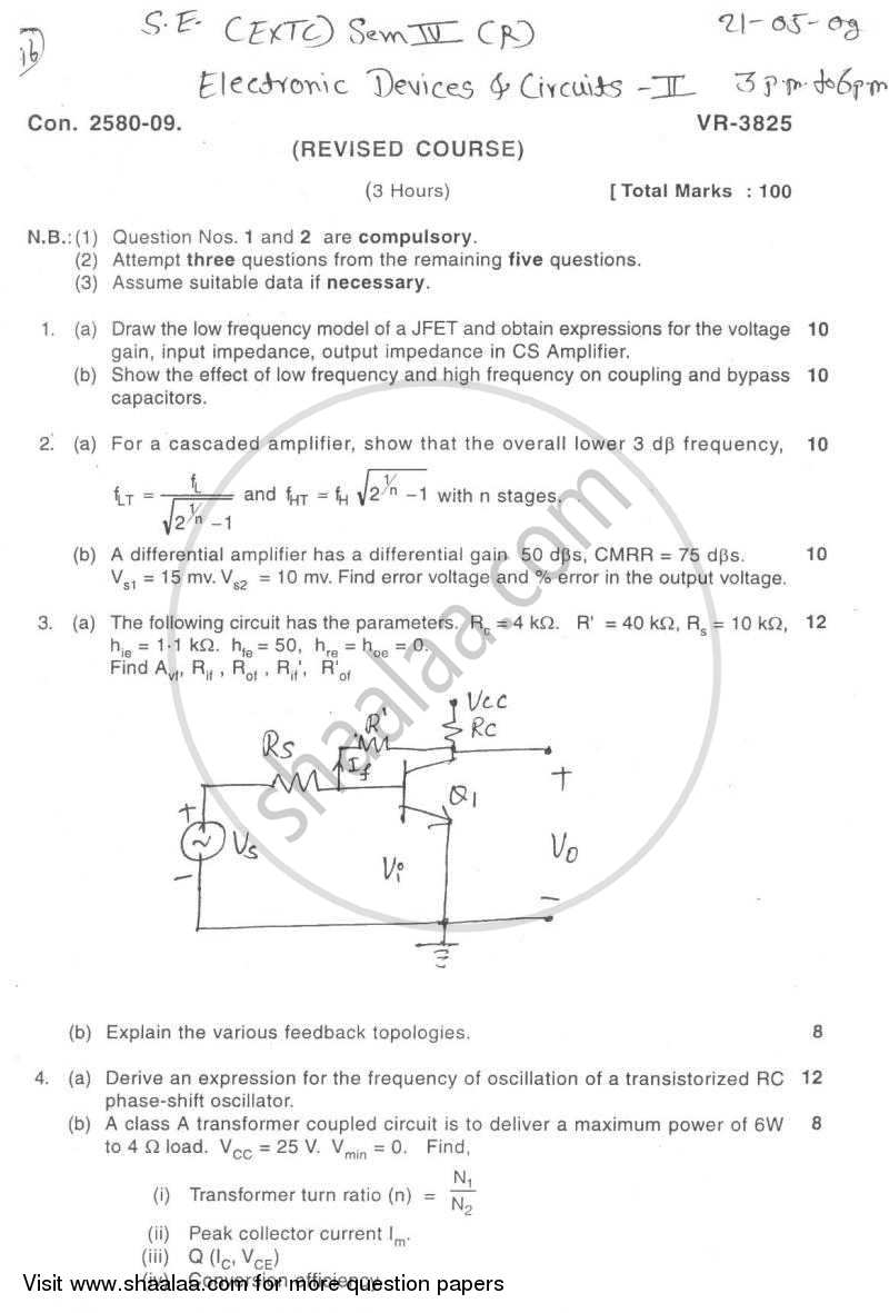 Electronic Devices and Circuits 2 2008-2009 - B.E. - Semester 4 (SE Second Year) - University of Mumbai question paper with PDF download