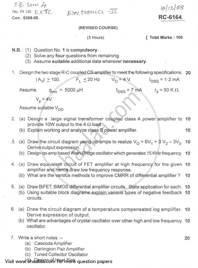 Electronic Devices and Circuits 2 2008-2009 - B.E. - Semester 4 (SE Second Year) - University of Mumbai question paper with PDF download