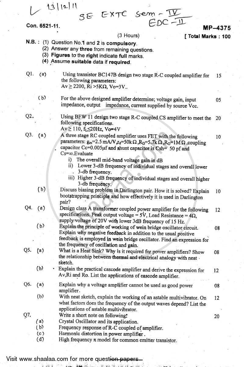 Electronic Devices and Circuits 2 2011-2012 - B.E. - Semester 4 (SE Second Year) - University of Mumbai question paper with PDF download