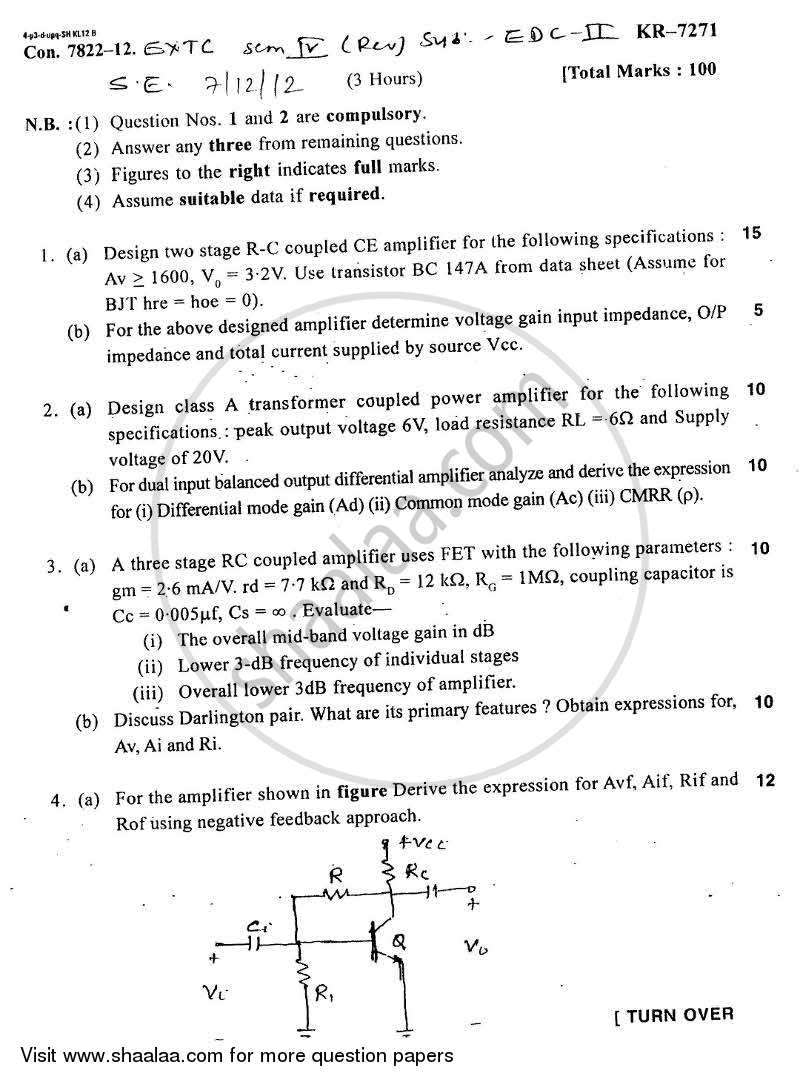 Electronic Devices and Circuits 2 2012-2013 - B.E. - Semester 4 (SE Second Year) - University of Mumbai question paper with PDF download