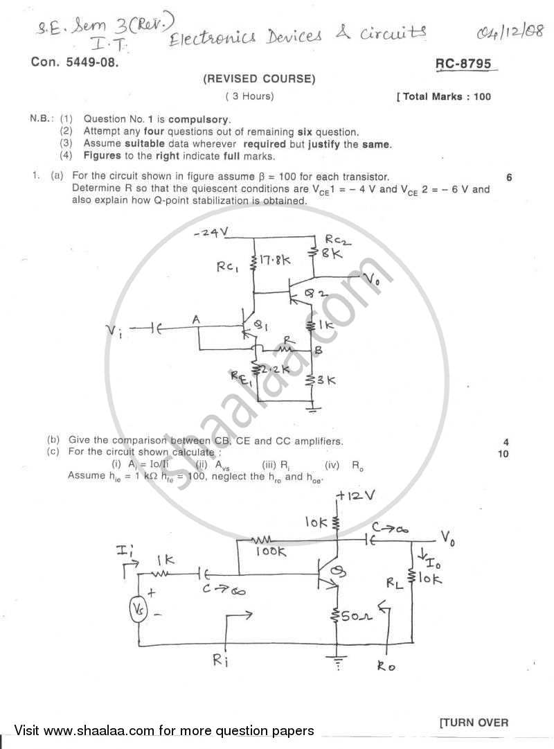 Electronic Devices and Circuits 2008-2009 - B.E. - Semester 3 (SE Second Year) - University of Mumbai question paper with PDF download