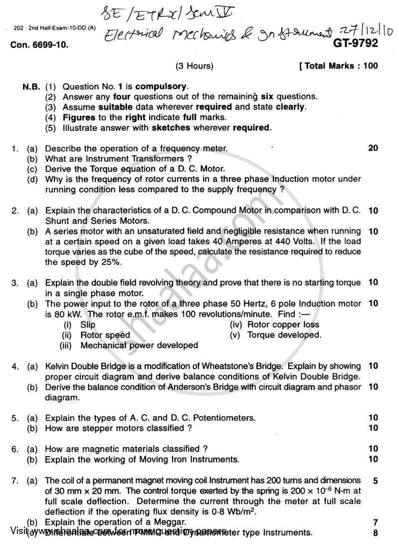 Electronic and Electrical Measuring Instruments and Machine 2010-2011 - B.E. - Semester 4 (SE Second Year) - University of Mumbai question paper with PDF download