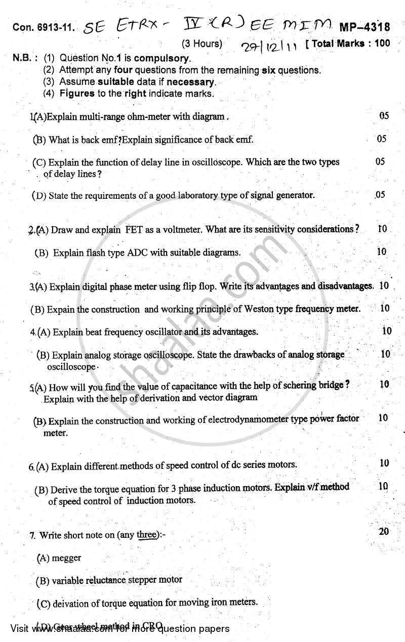 Electronic and Electrical Measuring Instruments and Machine 2011-2012 - B.E. - Semester 4 (SE Second Year) - University of Mumbai question paper with PDF download