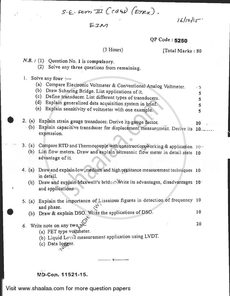 Electronic Instruments and Measurements 2015-2016 - B.E. - Semester 3 (SE Second Year) - University of Mumbai question paper with PDF download