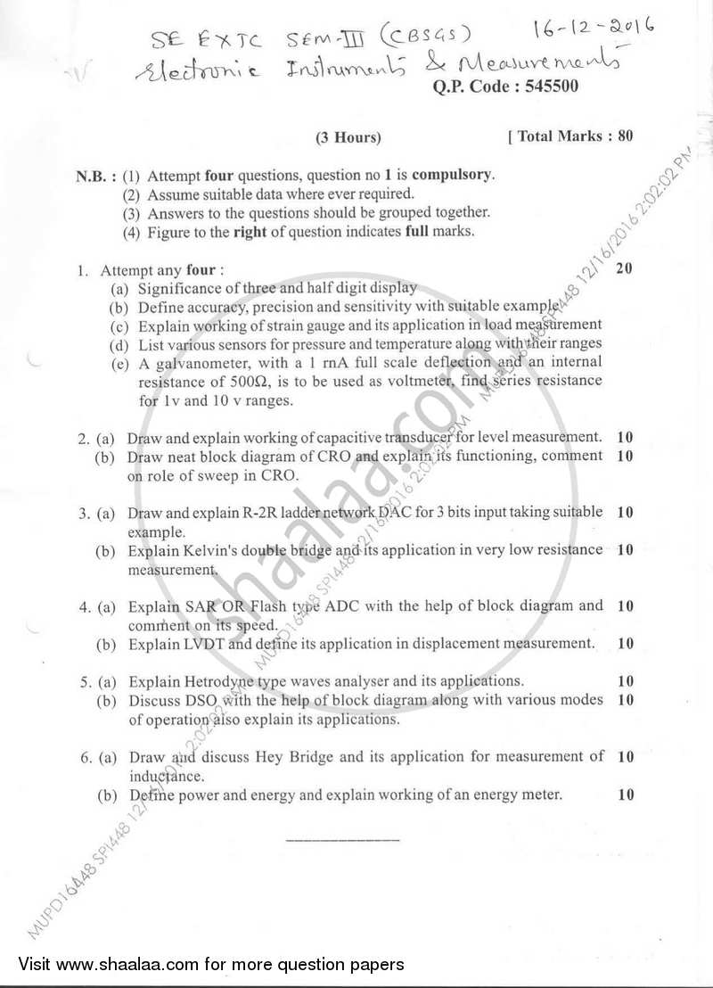 Electronic Instruments and Measurements 2016-2017 - B.E. - Semester 3 (SE Second Year) - University of Mumbai question paper with PDF download