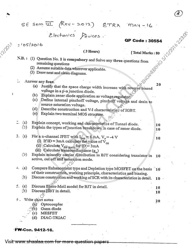 Electronics Devices 2015-2016 - B.E. - Semester 3 (SE Second Year) - University of Mumbai question paper with PDF download