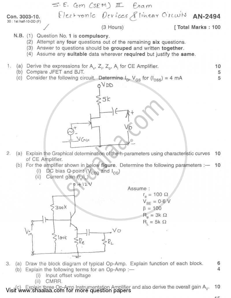 Electronics Devices and Linear Circuits 2009-2010 - B.E. - Semester 3 (SE Second Year) - University of Mumbai question paper with PDF download