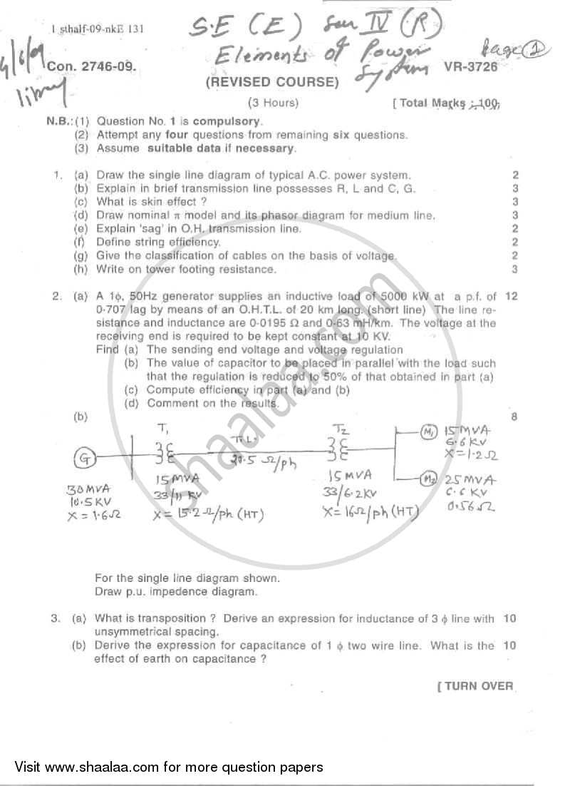 Elements of Power System 2008-2009 - B.E. - Semester 4 (SE Second Year) - University of Mumbai question paper with PDF download