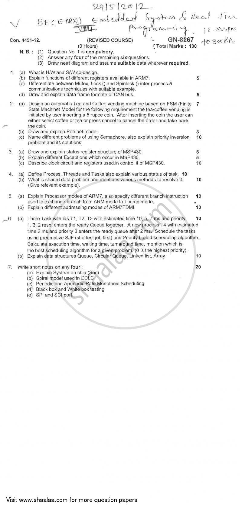 Embedded Systems and Real Time Programming 2011-2012 - B.E. - Semester 8 (BE Fourth Year) - University of Mumbai question paper with PDF download