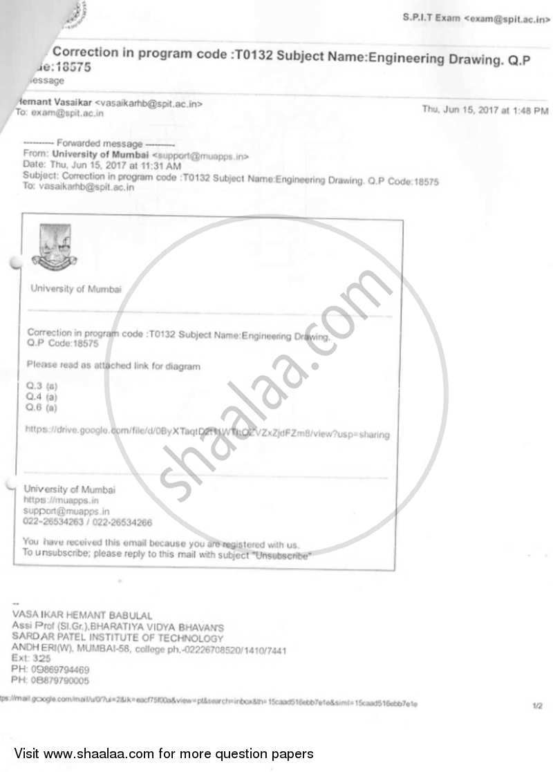 Engineering Drawing 2016-2017 - B.E. - Semester 2 (FE First Year) - University of Mumbai question paper with PDF download