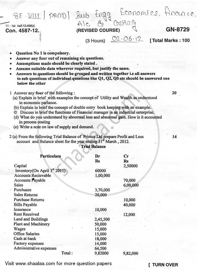 Engineering Economics, Finance, Accounting and Costing 2011-2012 - B.E. - Semester 8 (BE Fourth Year) - University of Mumbai question paper with PDF download