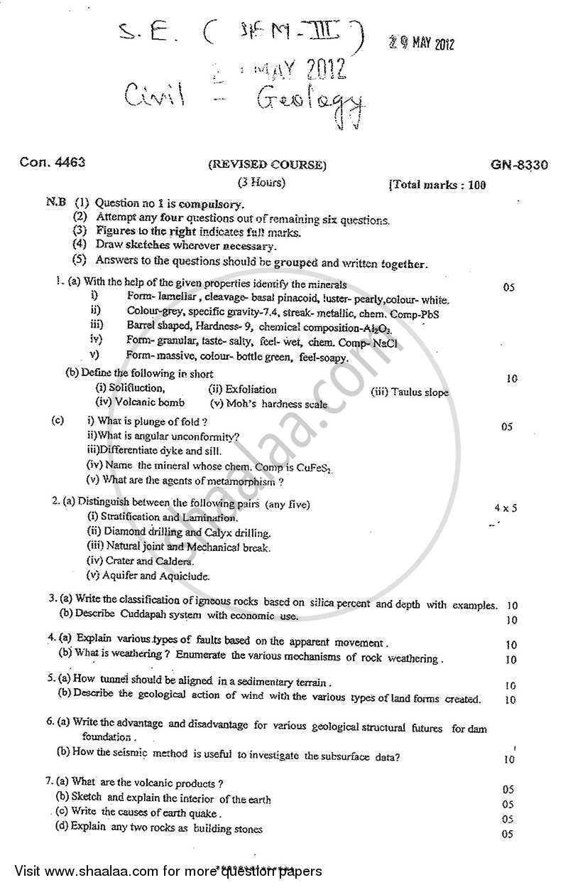 Engineering Geology 2011-2012 - B.E. - Semester 3 (SE Second Year) - University of Mumbai question paper with PDF download