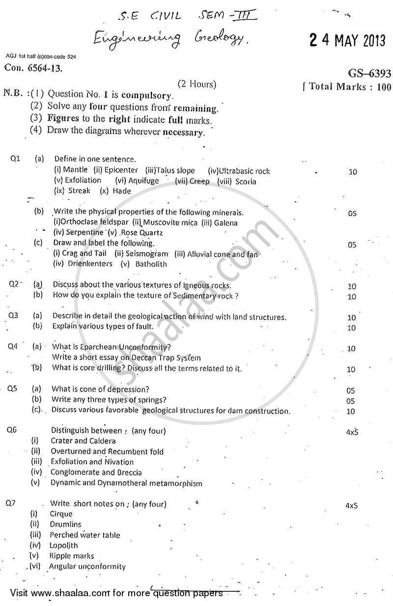 Engineering Geology 2012-2013 - B.E. - Semester 3 (SE Second Year) - University of Mumbai question paper with PDF download