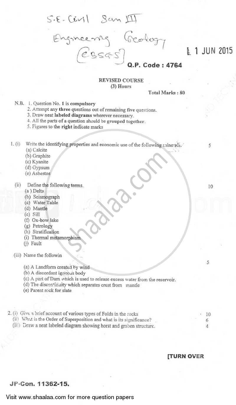 Engineering Geology 2014-2015 - B.E. - Semester 3 (SE Second Year) - University of Mumbai question paper with PDF download