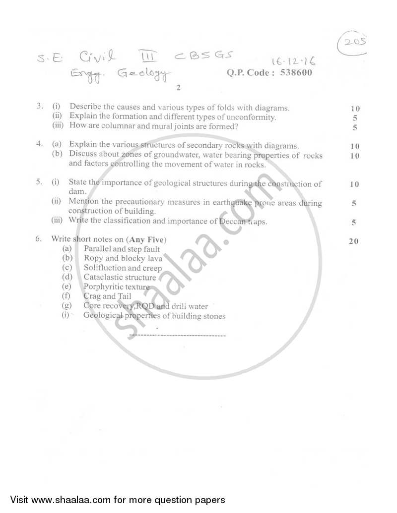 Engineering Geology 2016-2017 - B.E. - Semester 3 (SE Second Year) - University of Mumbai question paper with PDF download