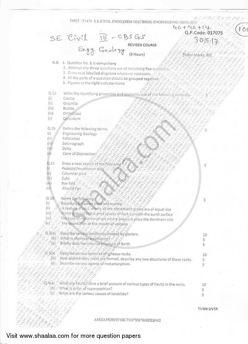 Engineering Geology 2016-2017 - B.E. - Semester 3 (SE Second Year) - University of Mumbai question paper with PDF download